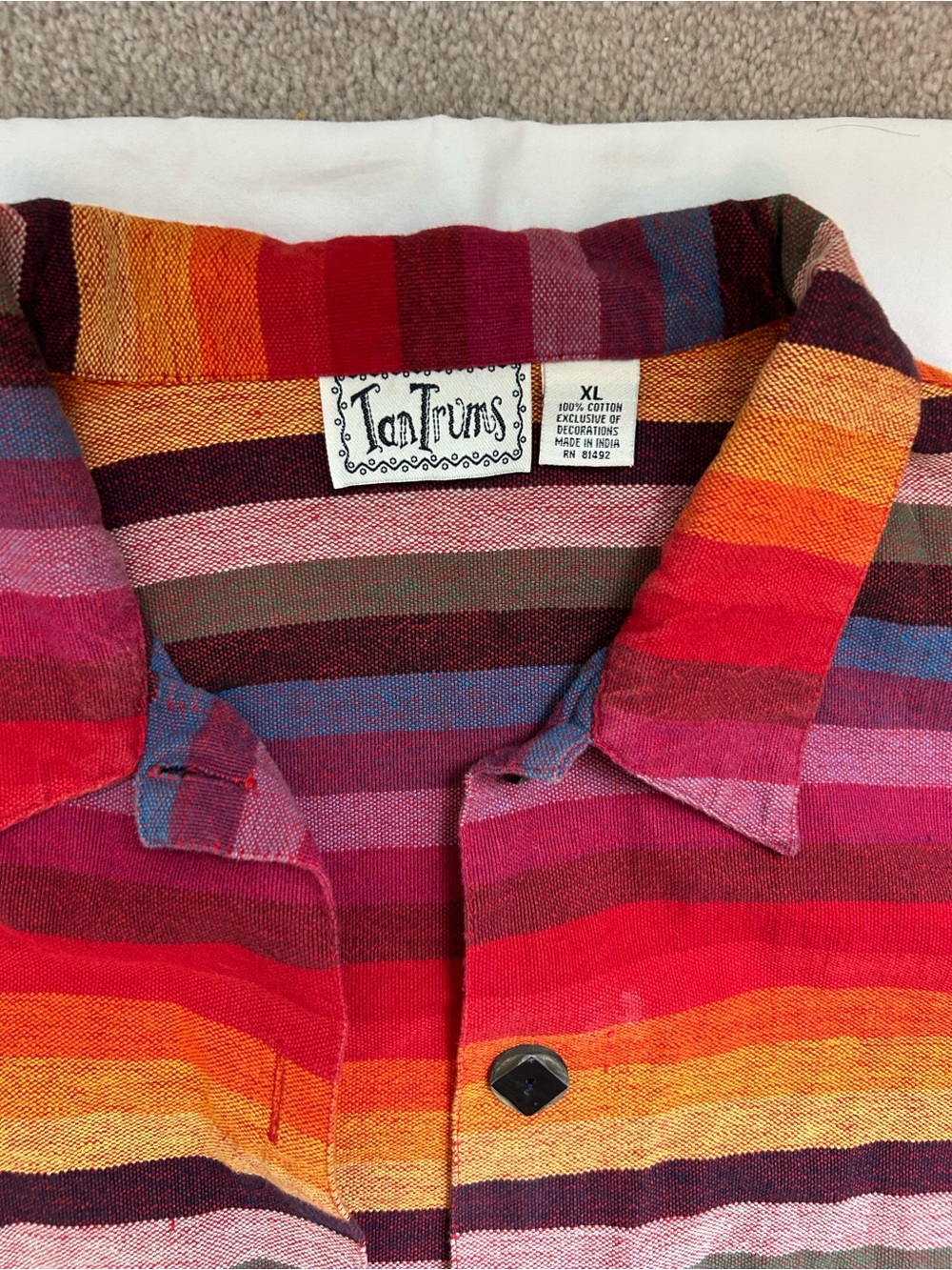 TanTrums XL Rainbow Stripe Embroidered Cotton Button Down Boho Shirt - Picture 3 of 8